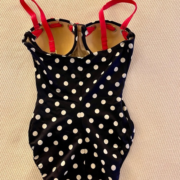 Elegant Dark Blue and White Polka Dot One Piece Swimsuit with Pink Accents - Picture 3 of 5